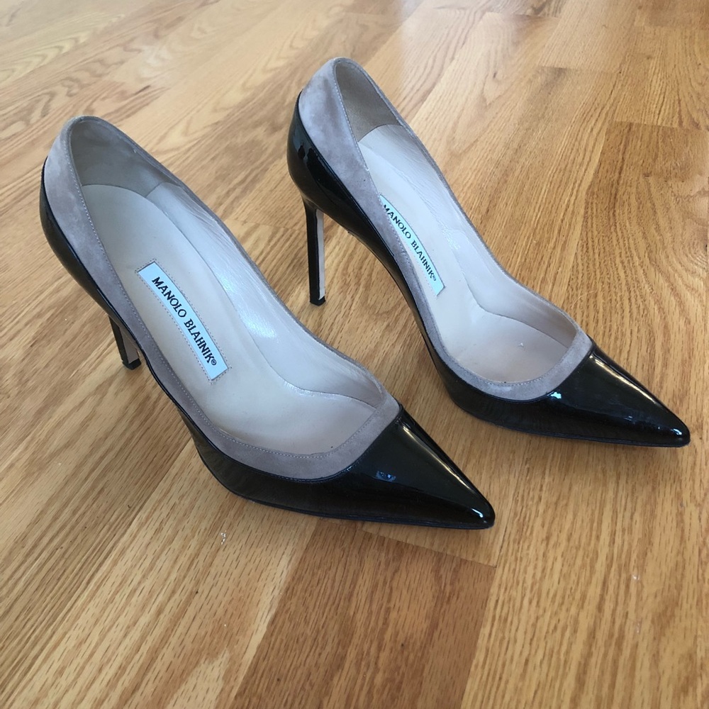 Manolo Blahnik black patent leather pumps.